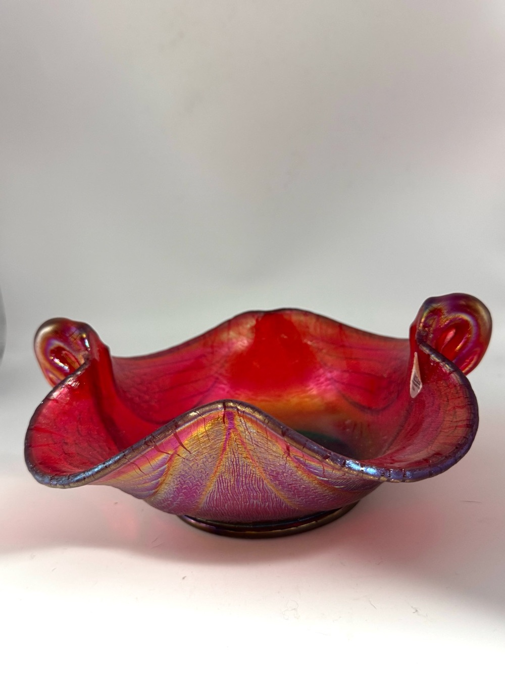Fenton Ruby Red Iridescent Stretch with Swan Handles Dish/Bowl